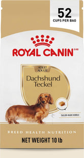 ROYAL CANIN front pack shot showing 10 lb bag for Dachshunds, clear breed labeling
