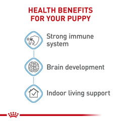 ROYAL CANIN puppy eating from bowl indoors supporting digestion and appetite