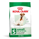 Royal Canin front bag view showing senior small-breed nutrition benefits