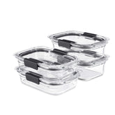 Rubbermaid Brilliance front packaging showing clear containers and lids, highlights space-saving