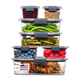 Rubbermaid Brilliance front view showing clear containers and secure latches for leak protection