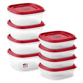 Rubbermaid front packaging showing red vented lids and set contents for quick identification