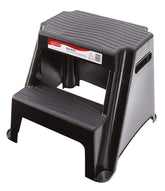 Rubbermaid front view of two-step stool showing sturdy platform and black finish