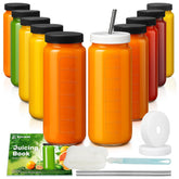 Ruckae front view of 10-pack 16oz bottles showing clear glass and lids, useful for storage