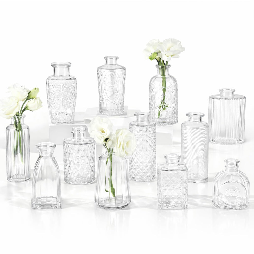 RUCKAE front view of 12 clear vases showing vintage style and easy table use
