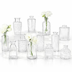 RUCKAE front view of 12 clear vases showing vintage style and easy table use