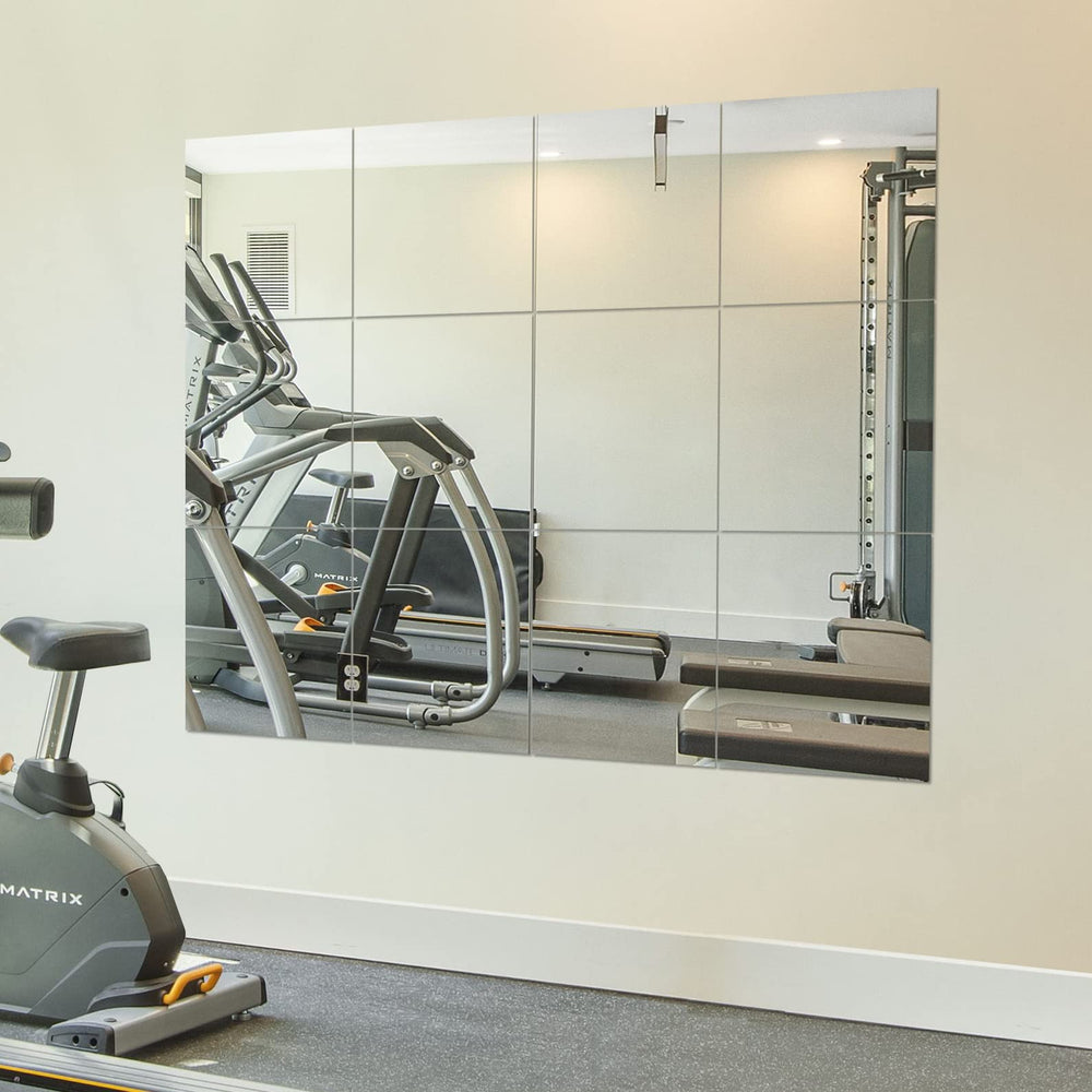 Ruomeng front view of 12-pack mirror tiles showing clean frameless look and flexibility