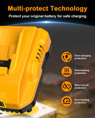 Ruzixt DCB112 attached to a 20V battery demonstrating quick recharge benefit