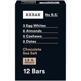RXBAR front box showing Chocolate Sea Salt flavor and 12 bars benefit quick fueling