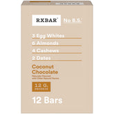 RXBAR front box showing 12-bar pack and coconut chocolate flavor benefit convenience
