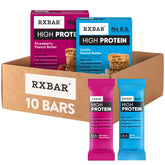 RXBAR front packaging variety pack showing two boxed sets and branding benefit