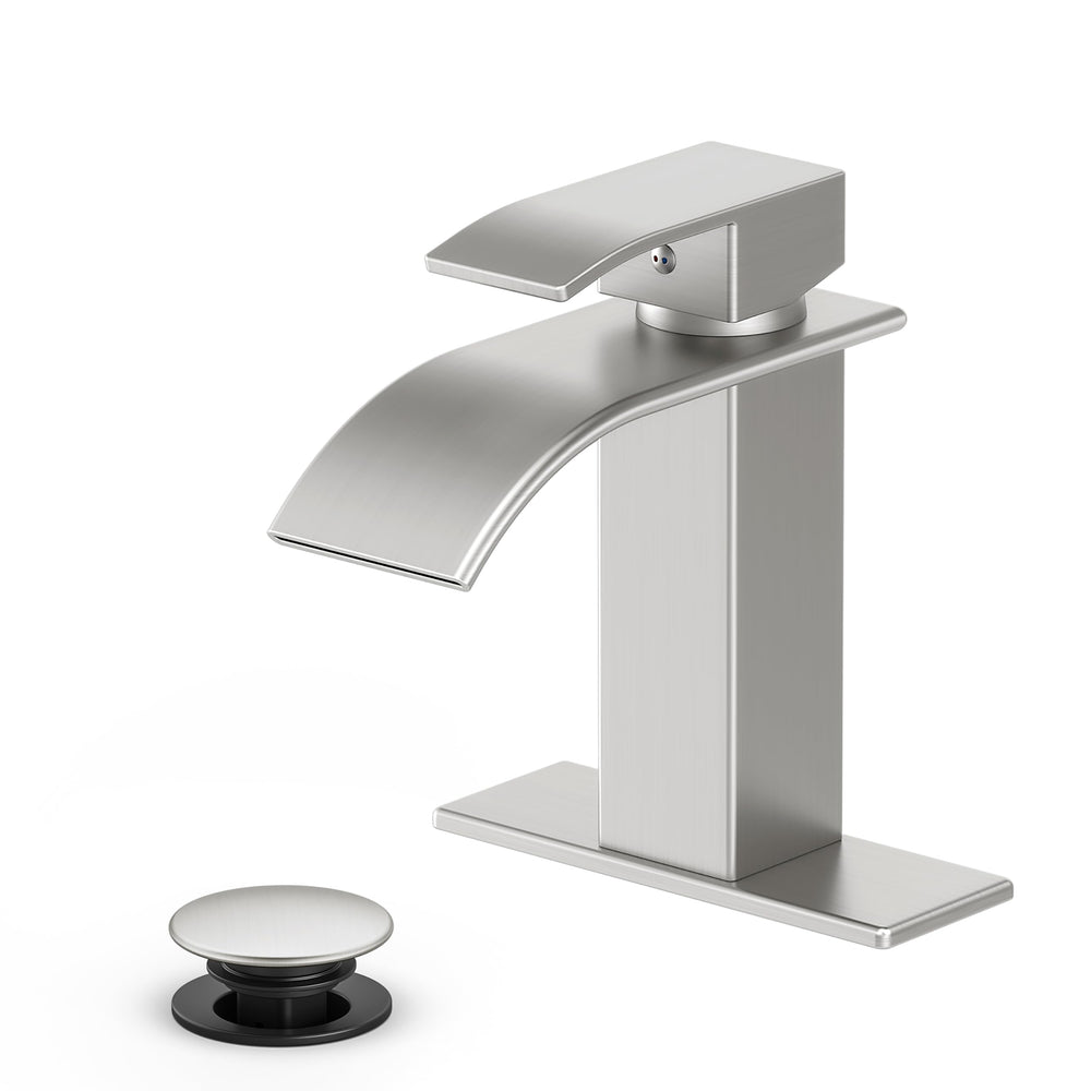 ryuwanku front view of faucet shows sleek waterfall spout and ergonomic handle for style