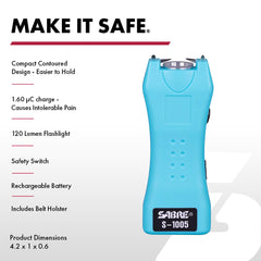 SABRE stun gun with 120‑lumen LED turned on, illuminates dark path