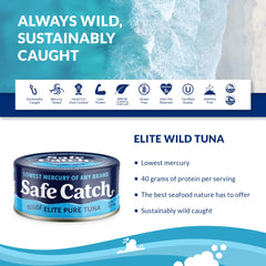 Safe Catch open can with solid tuna close-up highlighting texture benefit