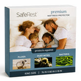 SafeRest front packaging showing king mattress protector and easy benefits
