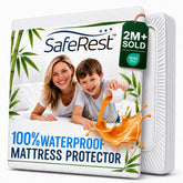 SafeRest queen front view showing smooth fitted protector and neat corners for a clean bed
