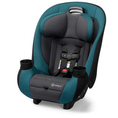 Safety 1st Ellaris front view showing peacock blue cover and slim silhouette for space saving