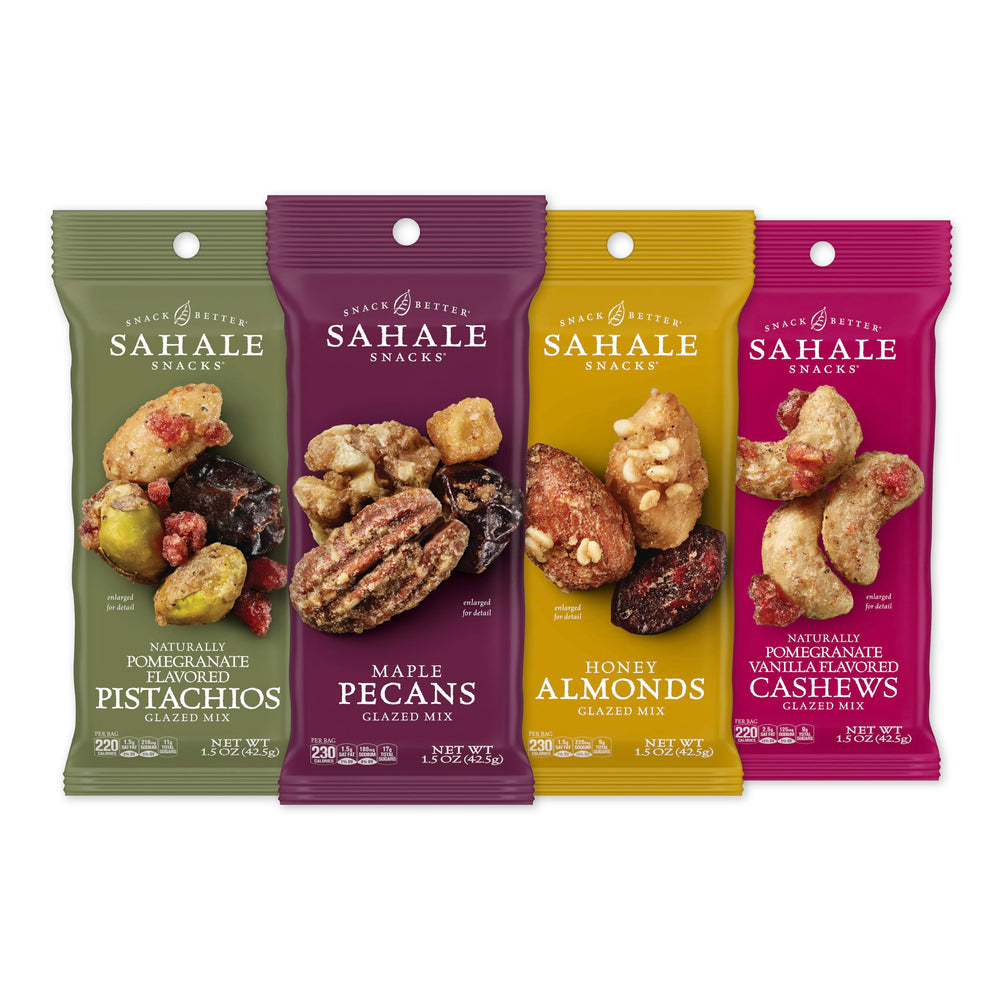 Sahale Snacks front packaging showing variety pack and convenient pouches