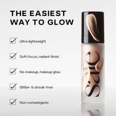Saie Glowy Super Gel Starglow pumped into hand showing small amount needed for hydrative luminous application