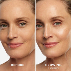 Saie Glowy Super Gel Starglow texture close-up demonstrating lightweight gel and luminous pearl finish for natural radiance