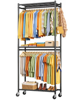 Sakugi clothes rack front view shows sturdy frame and organized storage benefit