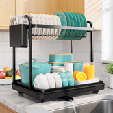 Sakugi dish rack front view showing compact two-tier storage and space-saving benefit