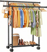 Sakugi front view of double-rod rack showing stable hanging benefits