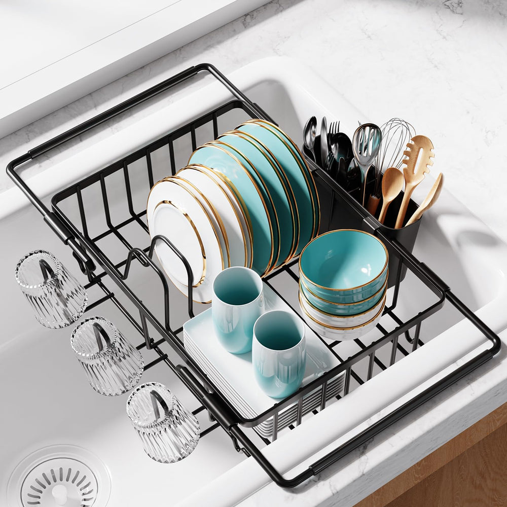 Sakugi front view of over-sink rack showing compact organization benefit