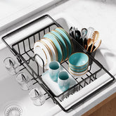 Sakugi front view of over-sink rack showing compact organization benefit