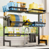 Sakugi front view of over-the-sink rack showing full organized capacity and counter-saving benefit
