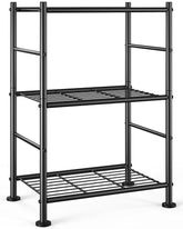 Sakugi front view three-tier shelf showing compact black frame and stable design
