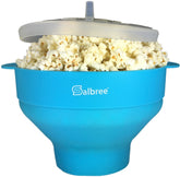 Salbree front view turquoise popper showing full-size bowl and lid, easy popping