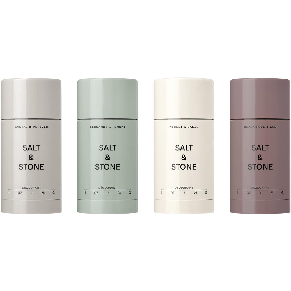 Salt & Stone front packaging travel set showing four compact sticks and convenience