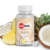 SaltStick front jar view showing coconut pineapple label and portable design benefit