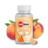 SaltStick tin front view showing peach FastChews and portability benefit