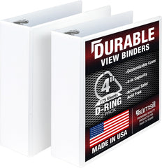 Samsill front view of white 4-inch binder showing clear-view cover for easy labeling