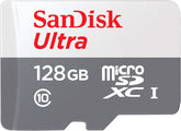 SanDisk front packaging showing 128GB label and Made for Amazon compatibility benefit
