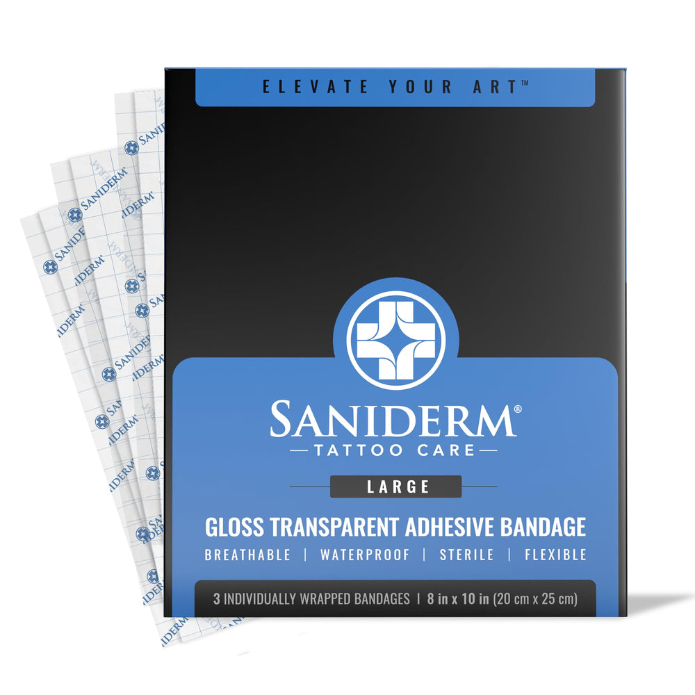 Saniderm front packaging showing three large 8x10 sheets protecting tattoos