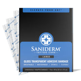 Saniderm front packaging showing three large 8x10 sheets protecting tattoos