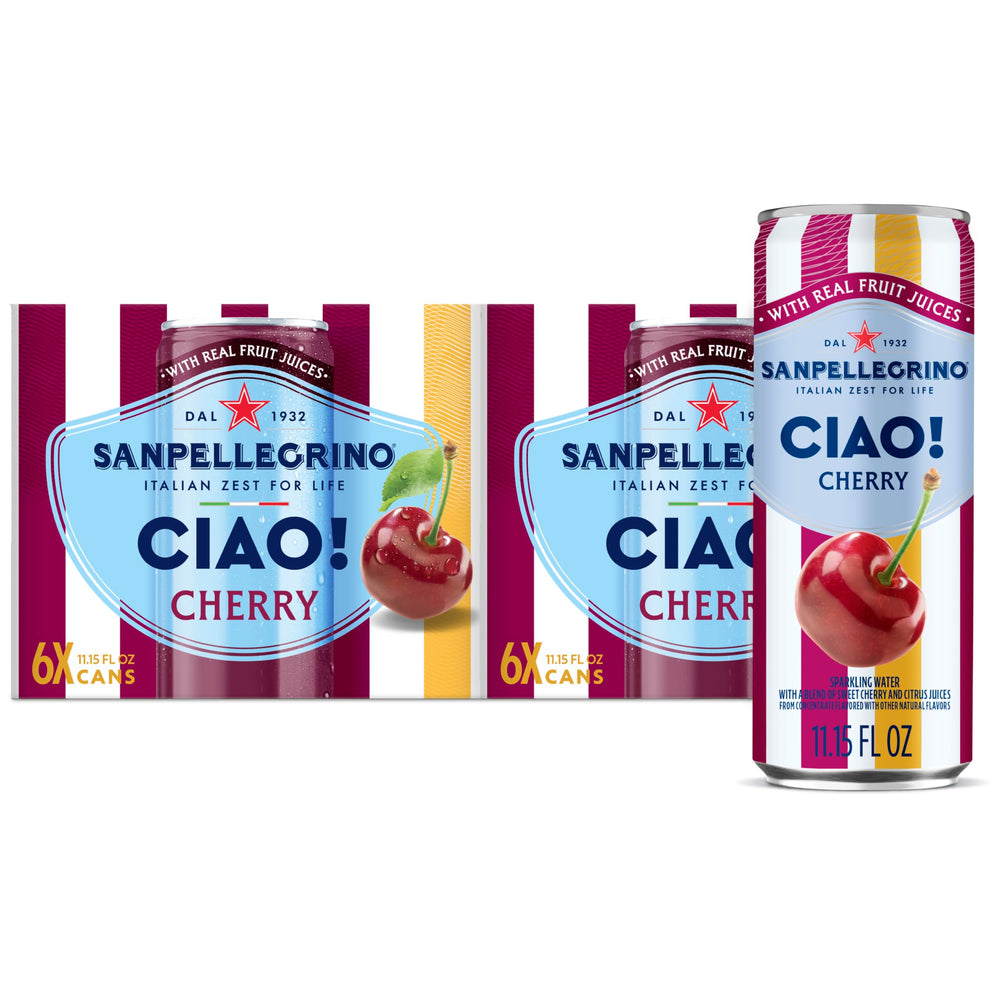 San Pellegrino CIAO Cherry front packaging showing 24-pack and brand appeal