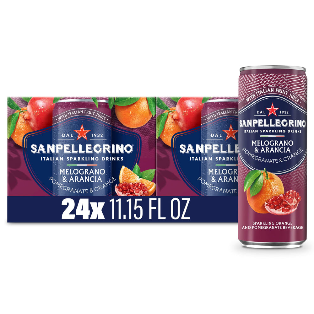 Sanpellegrino front packaging showing Melograno & Arancia cans and bright branding for easy recognition