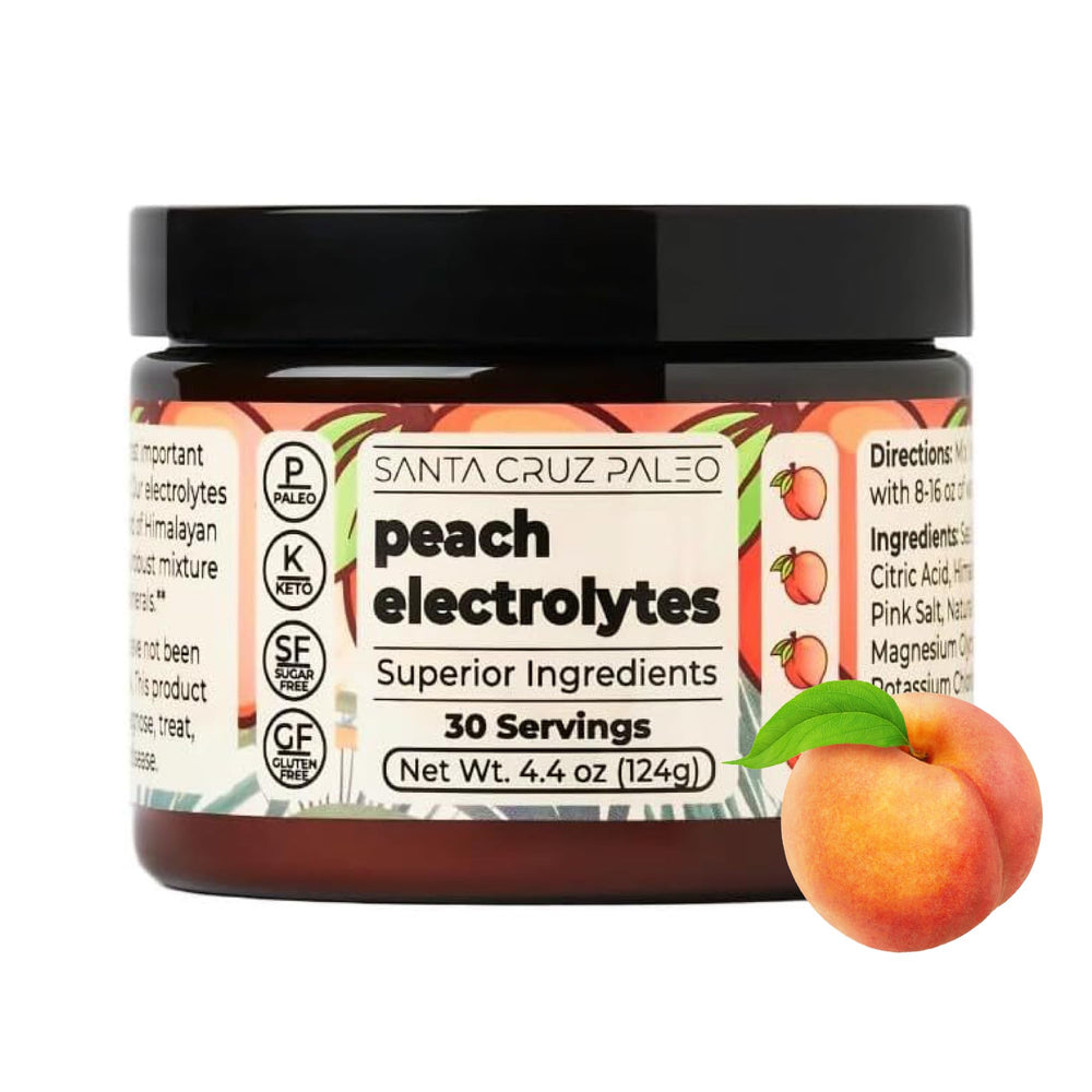 Santa Cruz Paleo front packaging showing peach flavor tub and label benefits
