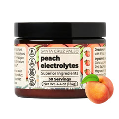 Santa Cruz Paleo front packaging showing peach flavor tub and label benefits