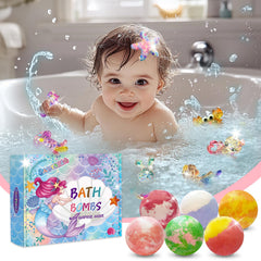 Santrela close-up of revealed mermaid toy inside a bath bomb, sparks imaginative play