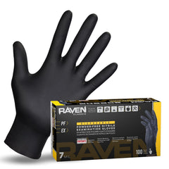 SAS Raven front box showing 100-count black nitrile gloves ideal for workplace safety