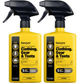Sawyer twin pack front packaging showing two yellow spray bottles and benefits