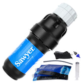 Sawyer Squeeze front view showing compact portable filter and accessories benefit lightweight use