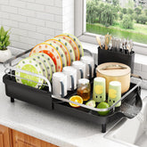SAYZH front view of black expandable dish rack showing organized drying benefit