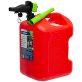 Scepter front view of red 5-gallon can showing stable base and handle for easy storage