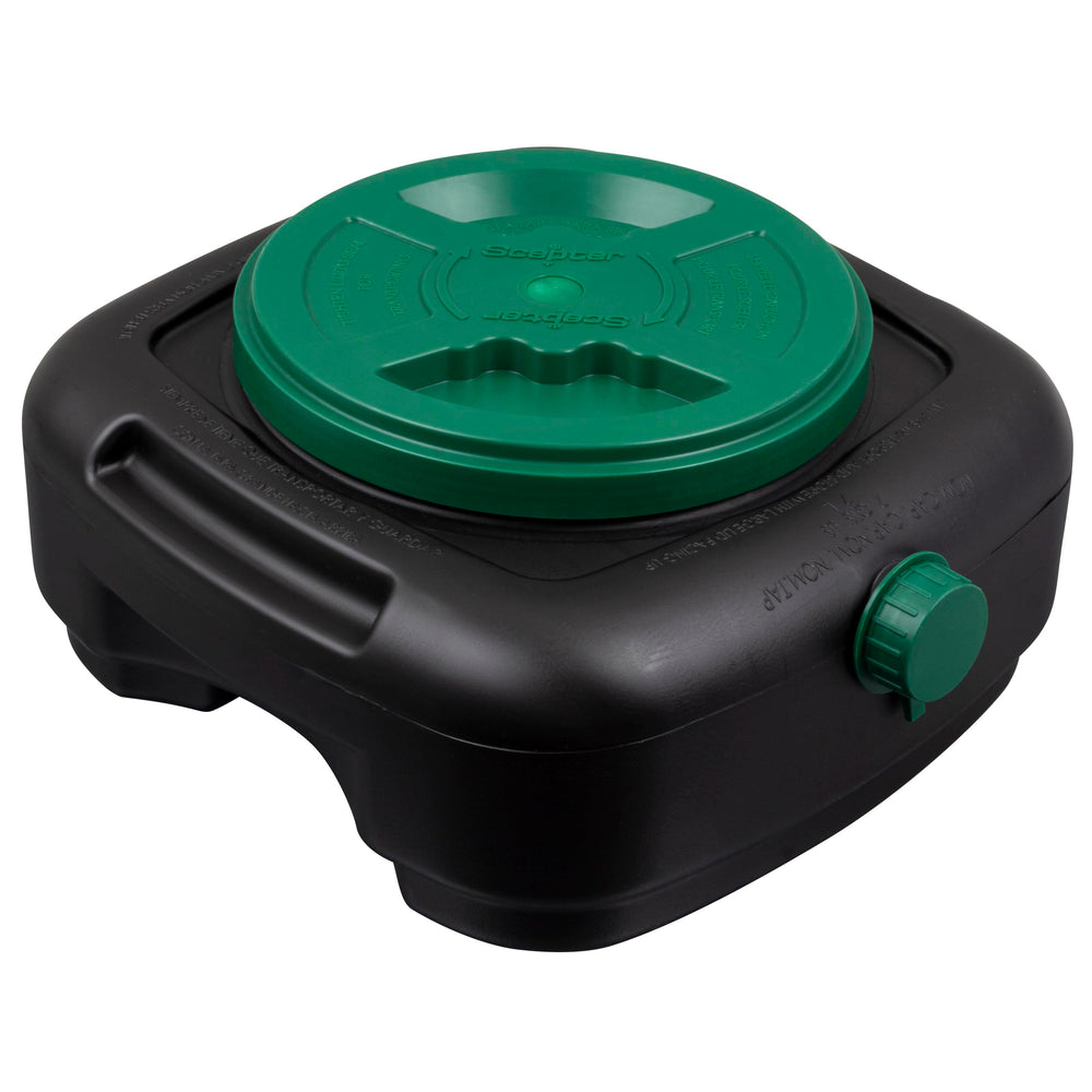 Scepter oil drain pan front view showing lid and hand grips for tidy transport